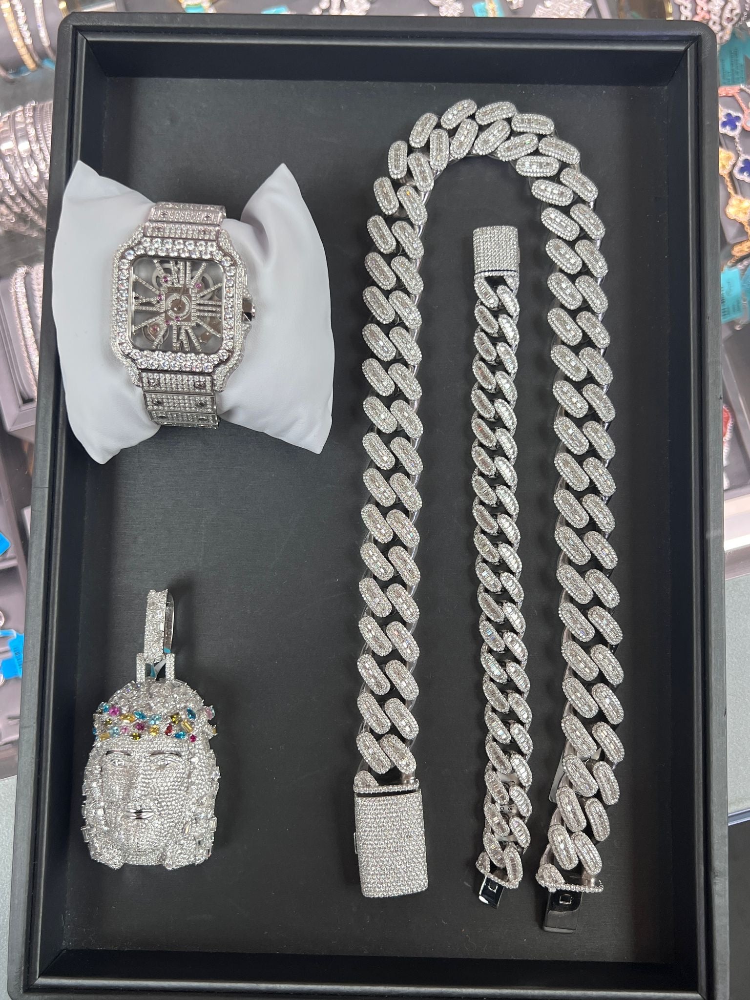 925 sterling silver mossnaiate stone combo watch Cuban pendent and bracelet