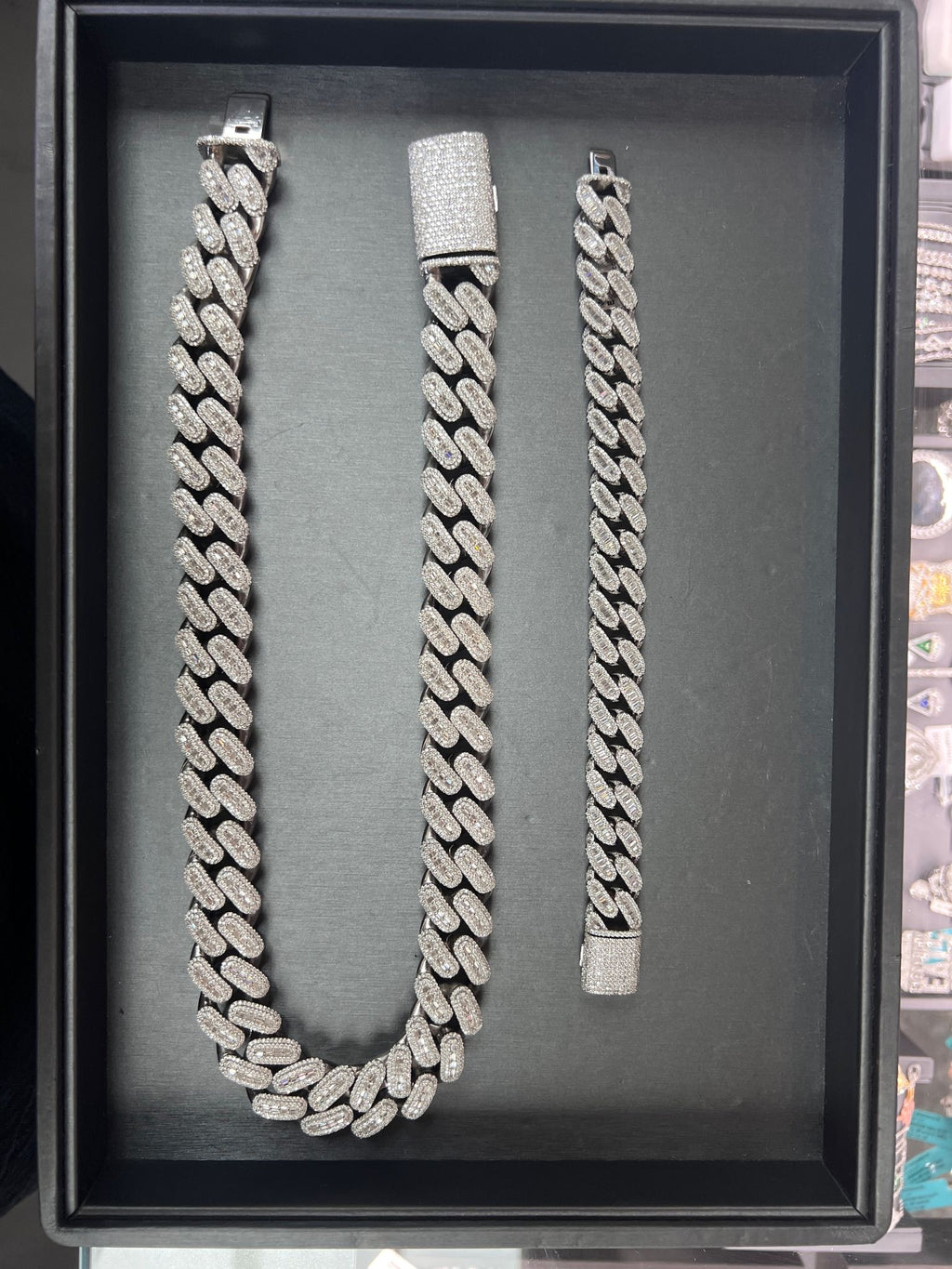 925 sterling silver mossnaiate stone combo watch Cuban pendent and bracelet