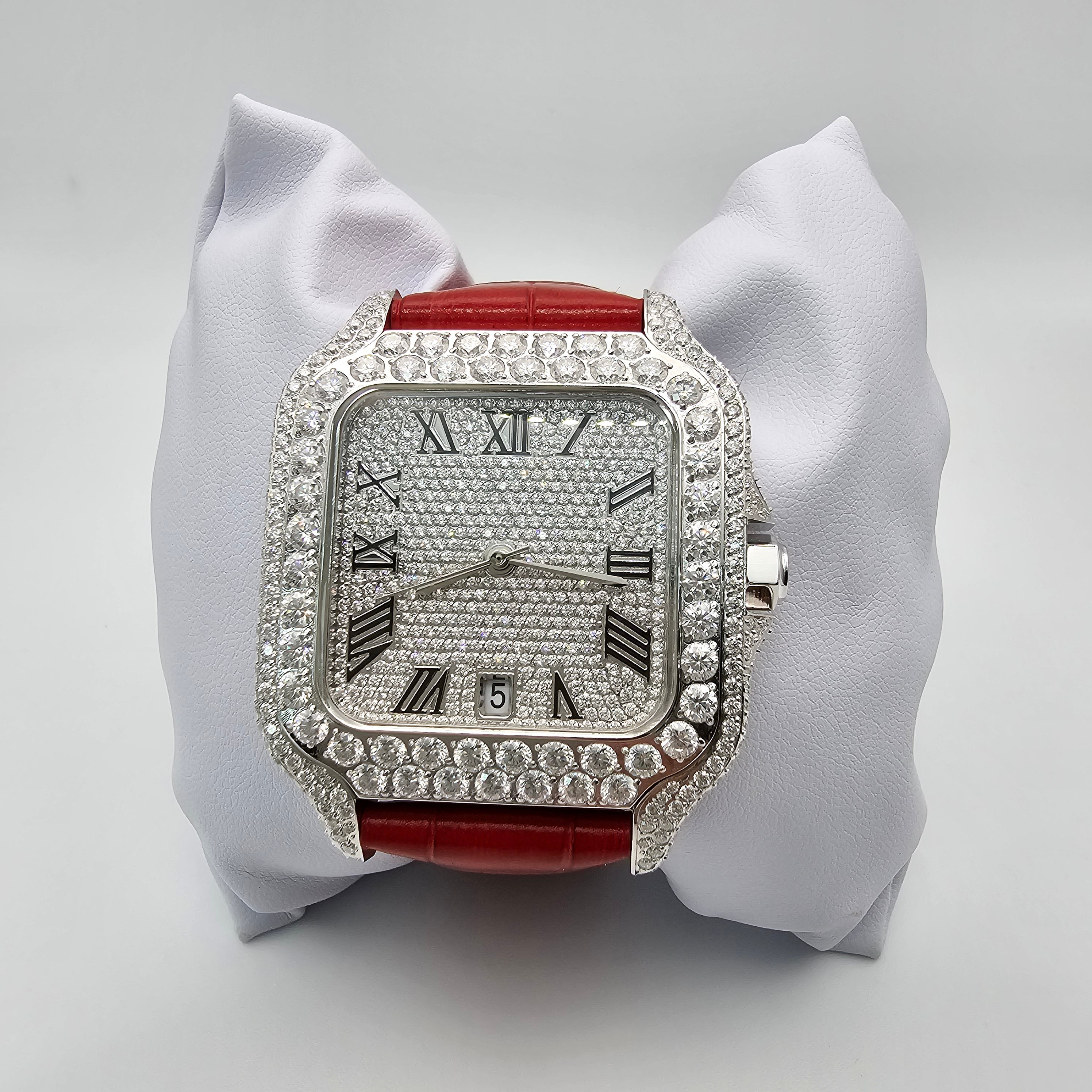 Hip Hop Moissanite Diamond Red Leather Band