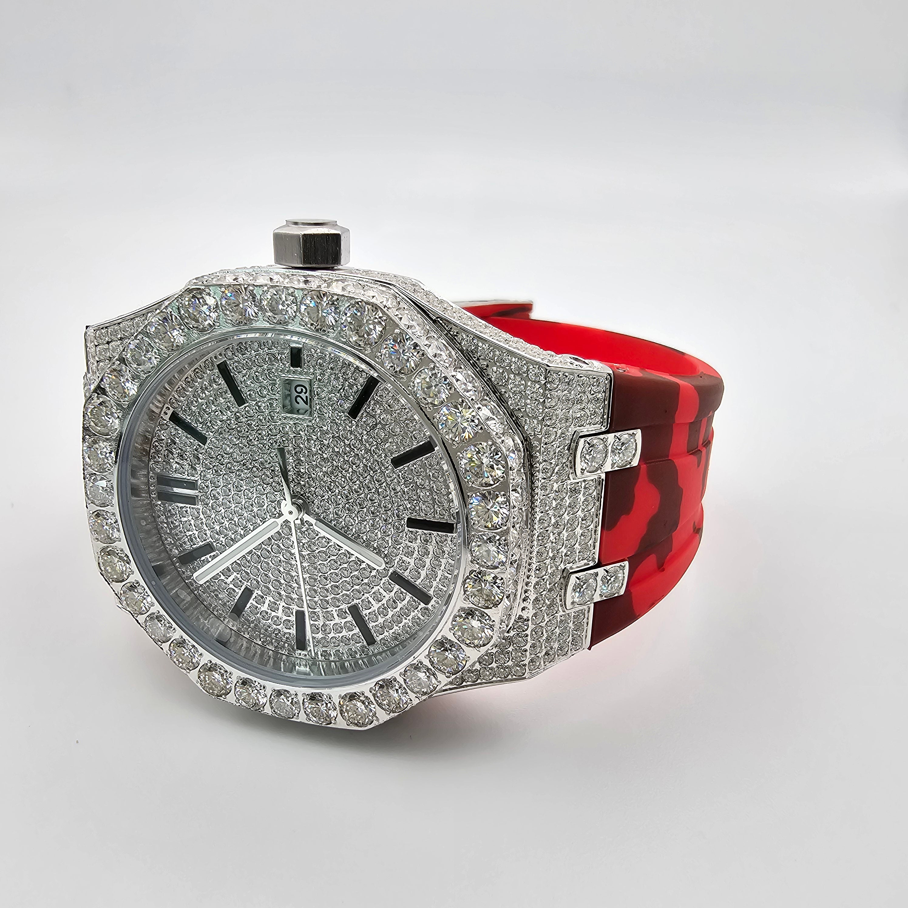 Hip Hop Moissanite Diamond Red Leather Band