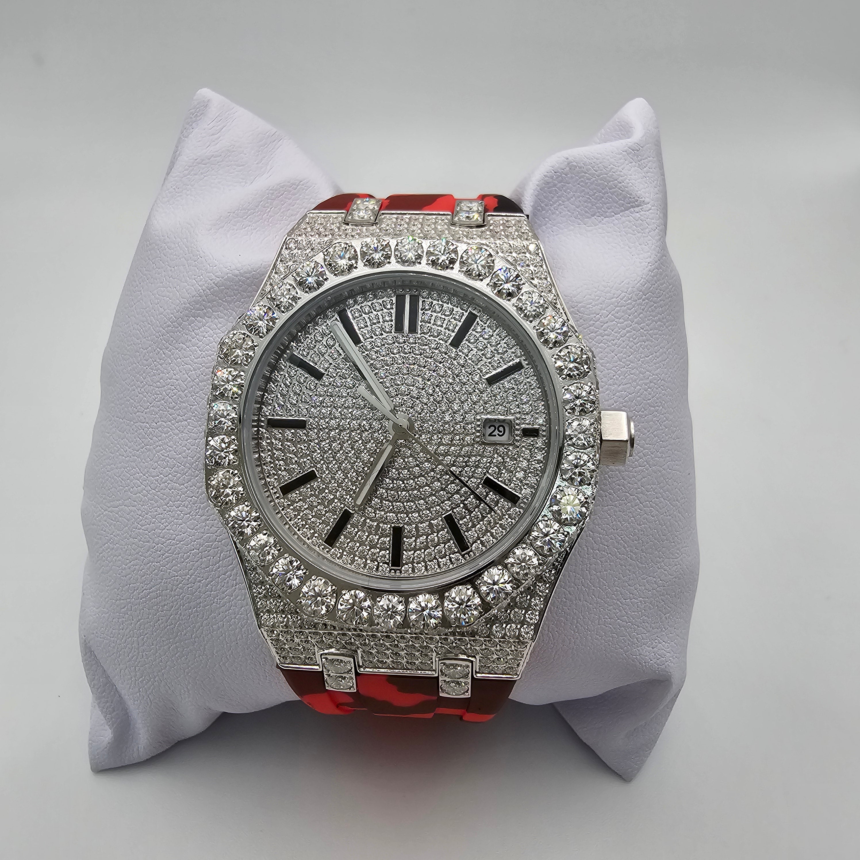 Hip Hop Moissanite Diamond Red Leather Band