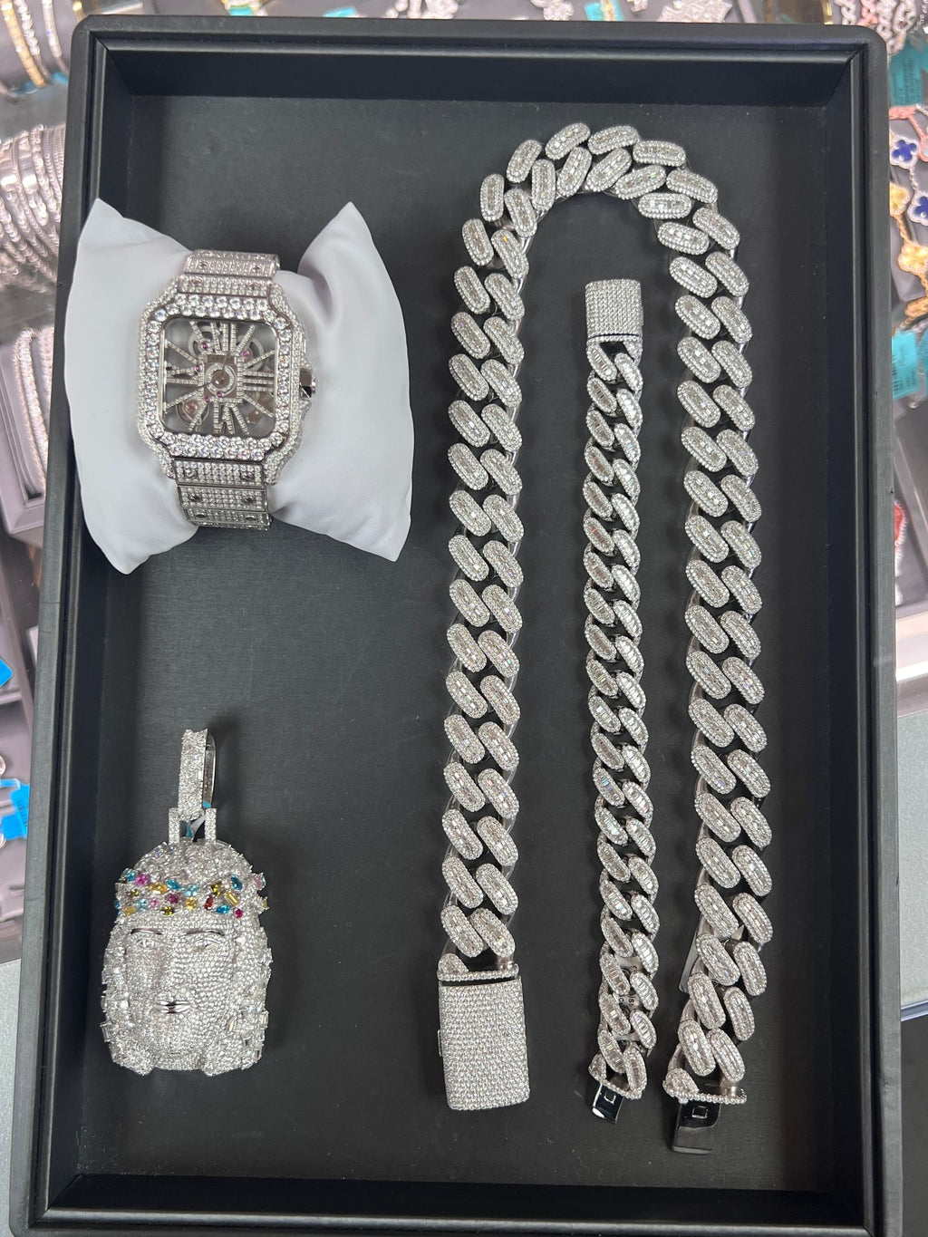 925 sterling silver mossnaiate stone combo watch Cuban pendent and bracelet
