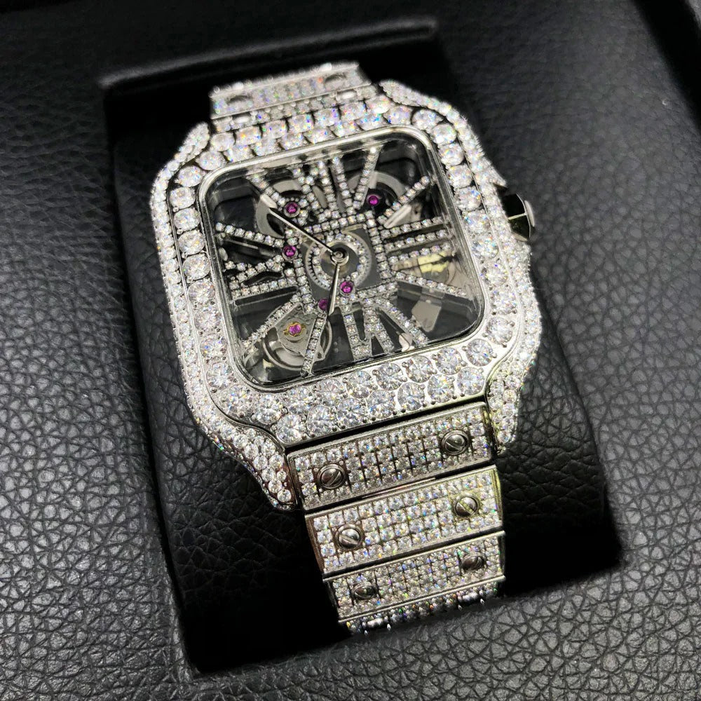 Moissanite VVS Skeleton Iced Out Baller Square Steel Watch