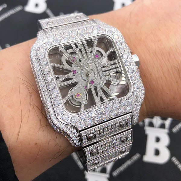 Moissanite VVS Skeleton Iced Out Baller Square Steel Watch