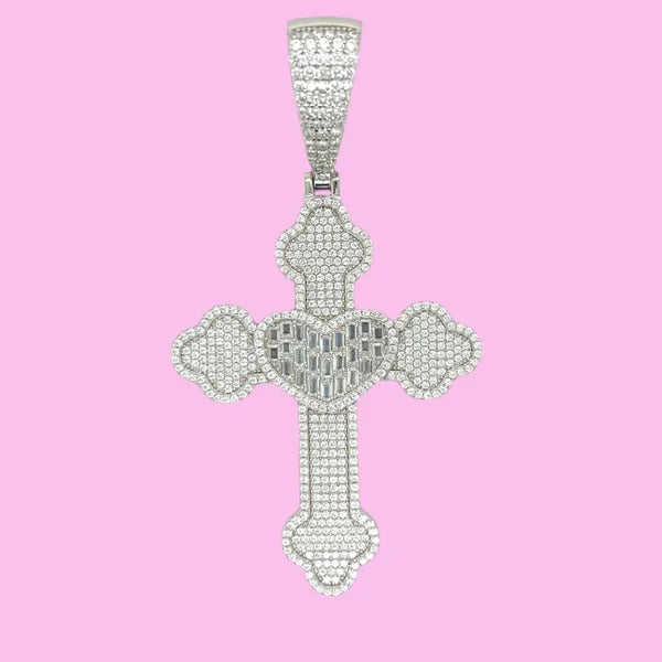 Silver Moissanite Heart Cross Pendant