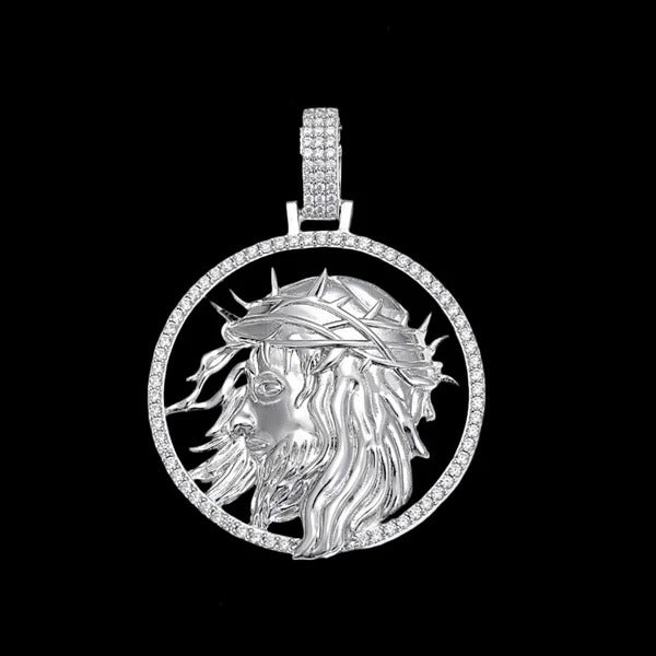 Silver Moissanite Round Jesus Face Pendant