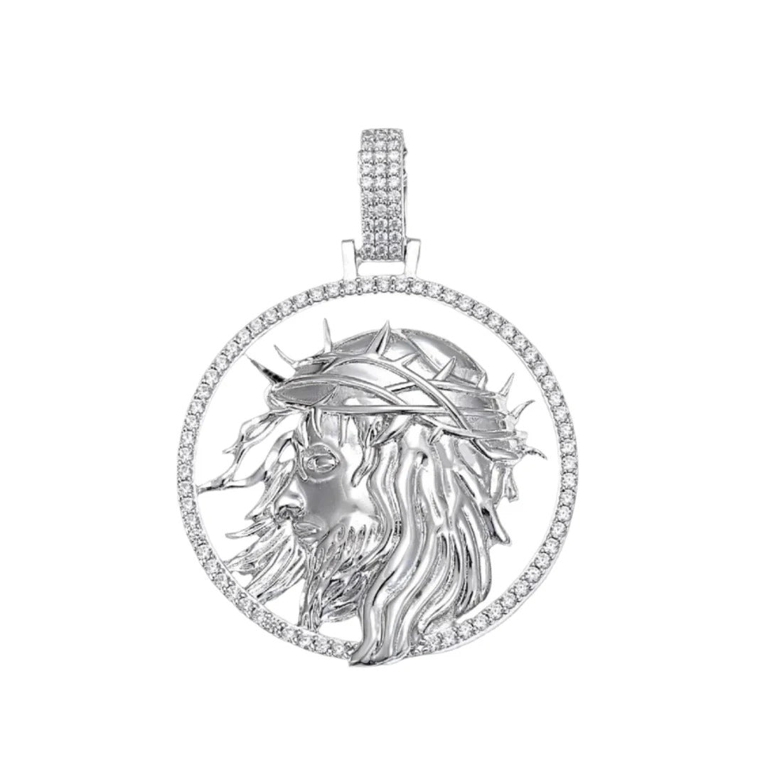 Silver Moissanite Round Jesus Face Pendant