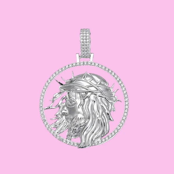 Silver Moissanite Round Jesus Face Pendant