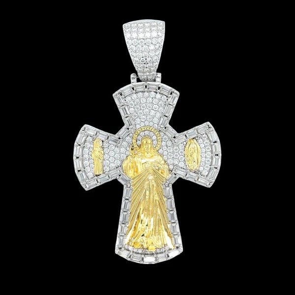 Rhodium Moissanite Saint Cross Pendant Stunning 925 Sterling Silver