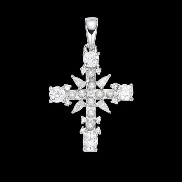 Rhodium MOISSANITE Pearl Cross Pendant 925 Sterling Silver