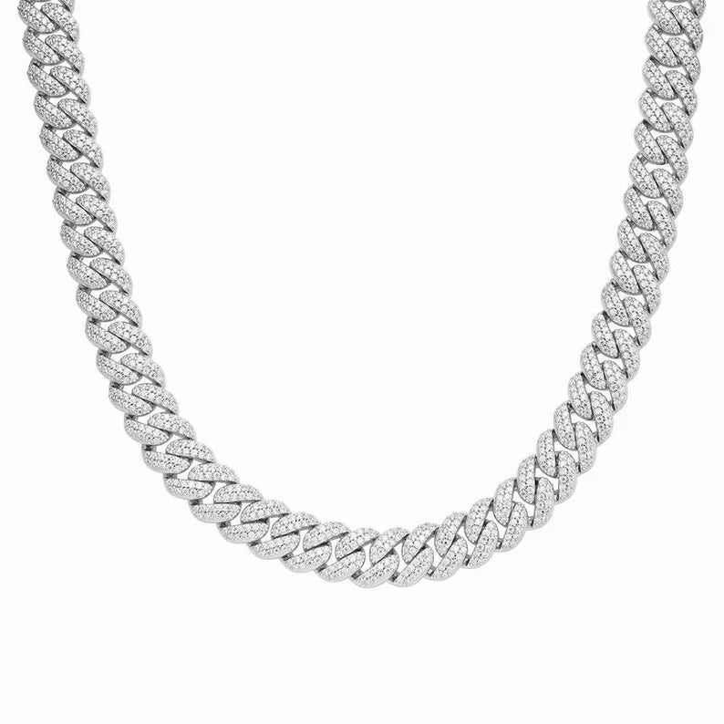 925 Silver Moissanite 12mm Miami Cuban 22 Inch Mens Chain Necklace